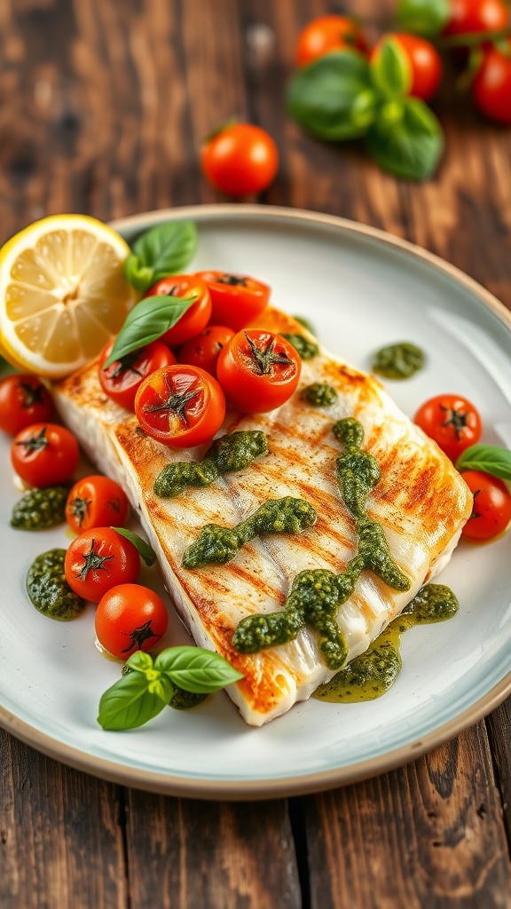 Pan-seared sea bass fillets with roasted cherry tomatoes and basil pesto on a rustic wooden table.